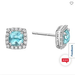 Simulated Aquamarine Sterling Silver Stud Earrings with Diamond Halo.